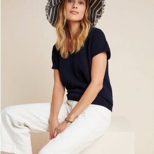 Anthropologie Short Sleeve Sweater Shirt Navy Blue Sz XL